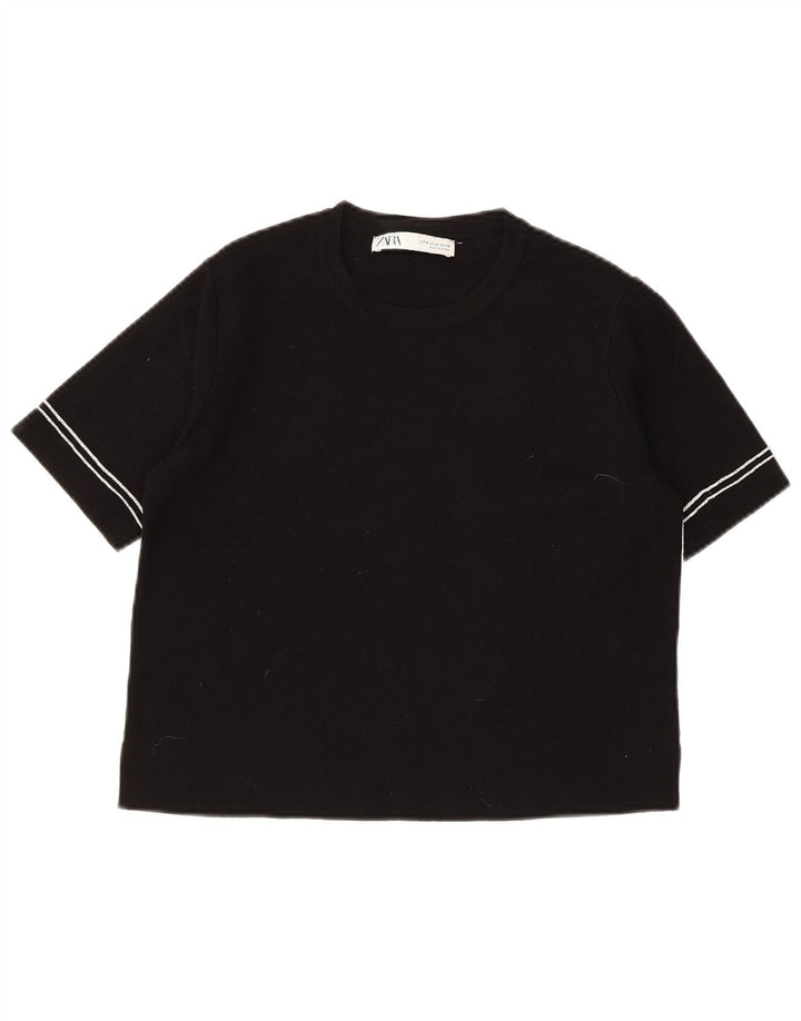 ZARA Womens Crop Short Sleeve Crew Neck Jumper Sweater UK 12 Medium Black