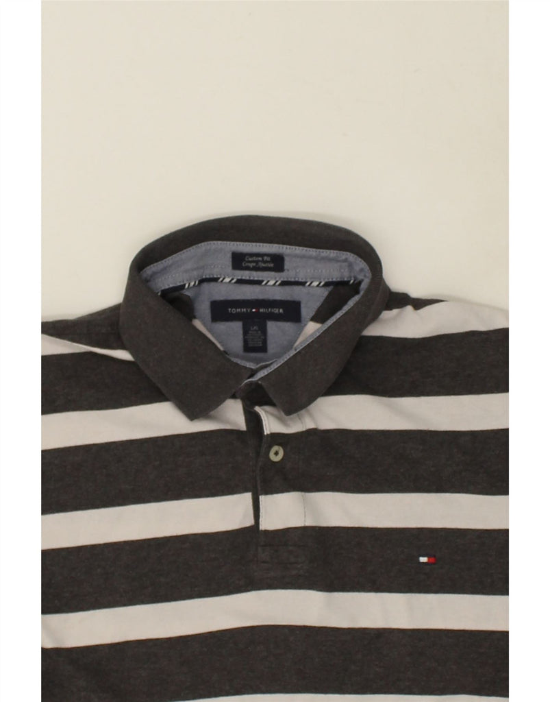 TOMMY HILFIGER Mens Custom Fit Polo Shirt Large Grey Striped Cotton | Vintage Tommy Hilfiger | Thrift | Second-Hand Tommy Hilfiger | Used Clothing | Messina Hembry 