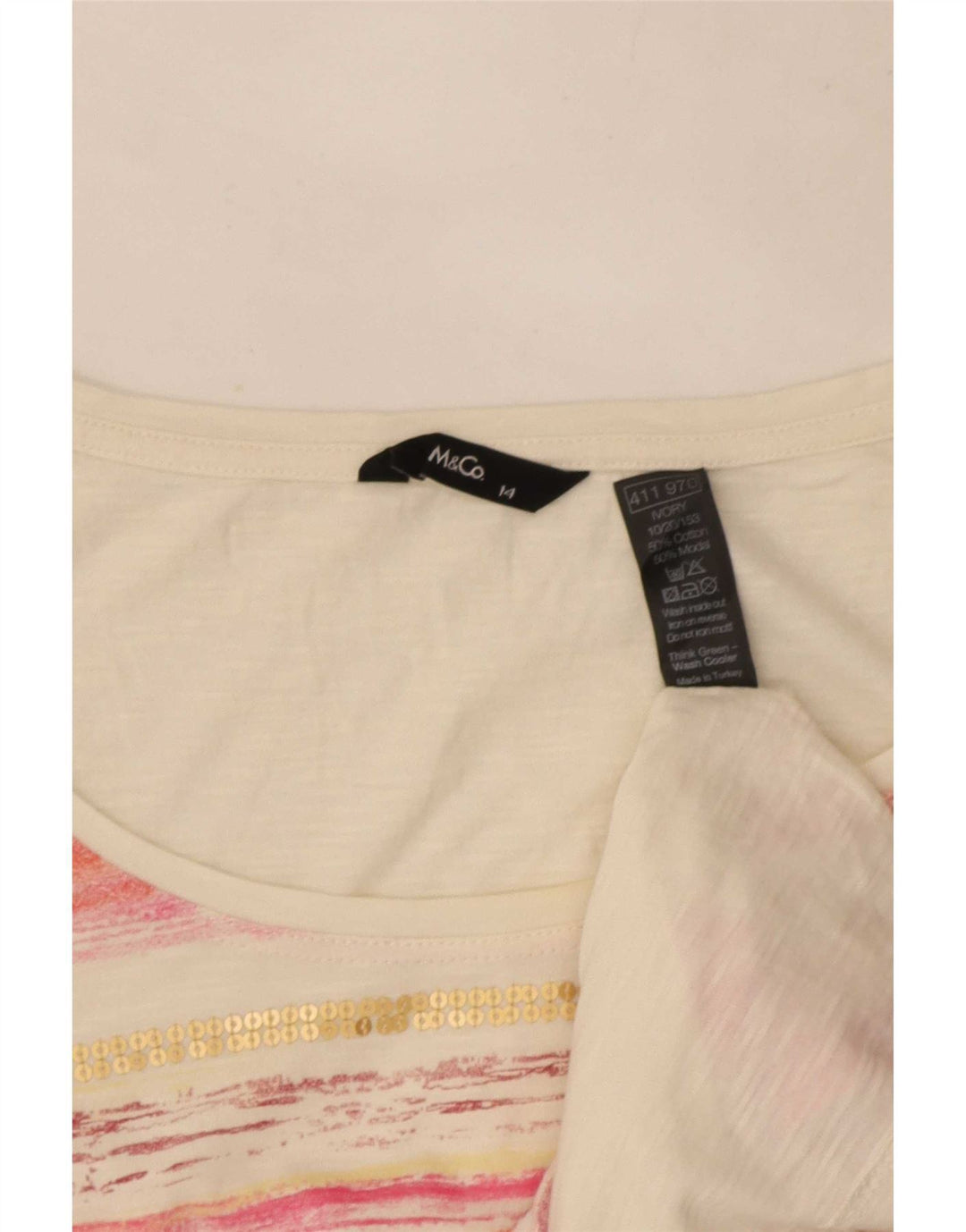 M&Co Womens T-Shirt Top UK 14 Medium White Striped Cotton