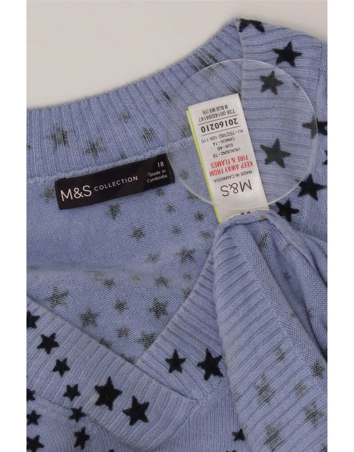 Marks & Spencer Womens Abstract Pattern V-Neck Jumper Sweater UK 18 XL Blue