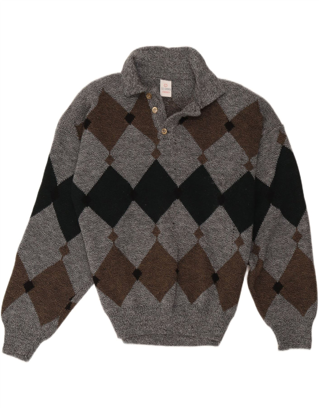 Vintage Mens Polo Neck Jumper Sweater Large Grey Argyle/Diamond