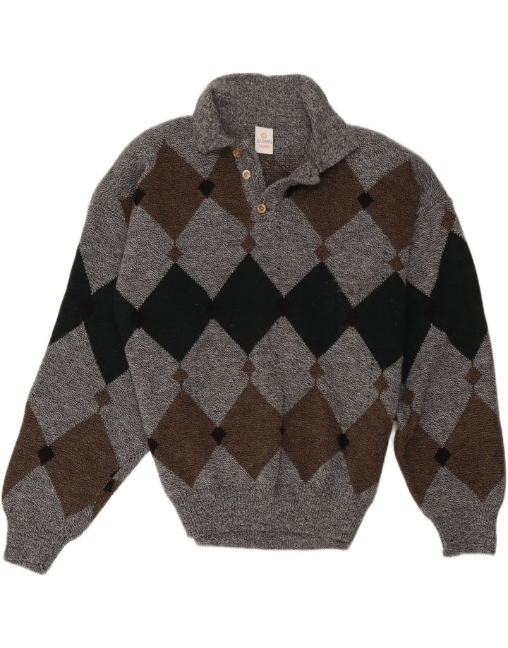 Vintage Mens Polo Neck Jumper Sweater Large Grey Argyle/Diamond