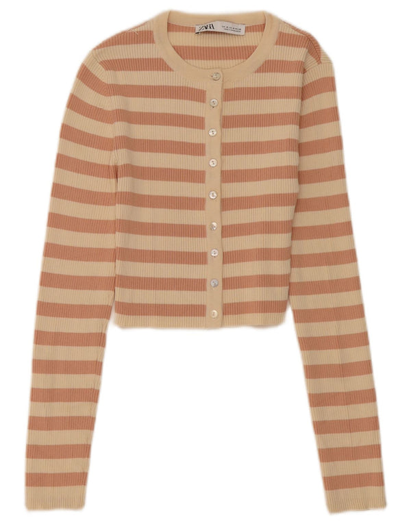 Zara Womens Crop Cardigan Top UK 12 Medium Beige Striped Nylon