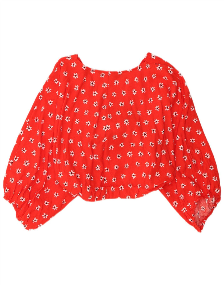 Zara Womens Long Sleeve Front Tie Crop Top UK 12 Medium Red Floral