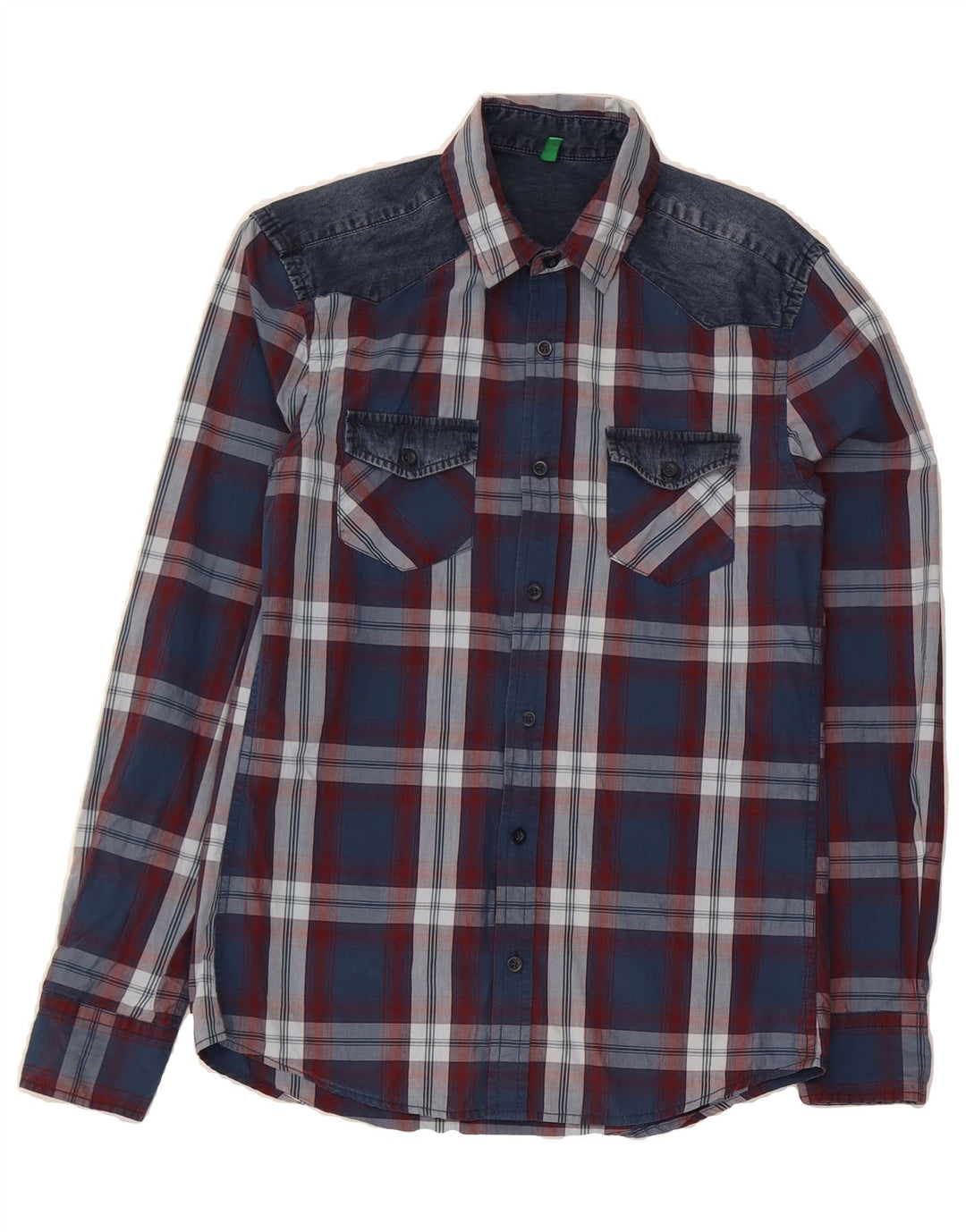 BENETTON Mens Shirt Small Navy Blue Check Cotton Vintage Benetton and Second-Hand Benetton from Messina Hembry 