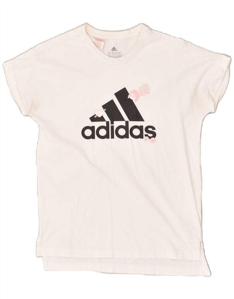 ADIDAS Girls Graphic T-Shirt Top 14-15 Years White Cotton | Vintage Adidas | Thrift | Second-Hand Adidas | Used Clothing | Messina Hembry 