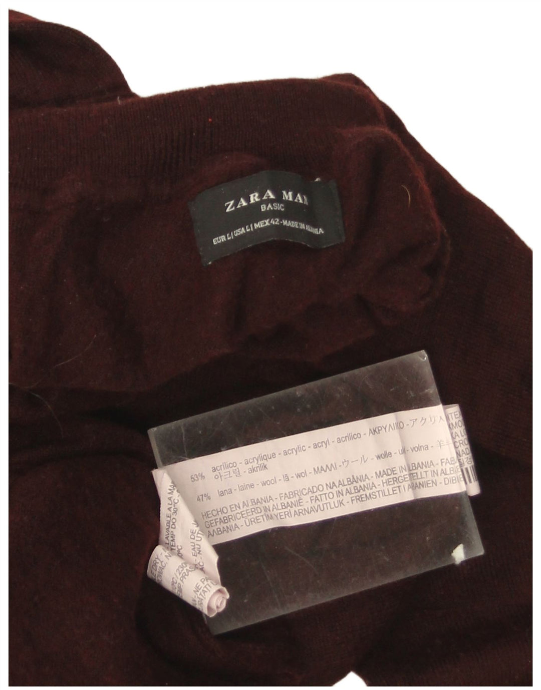 Zara Mens Roll Neck Jumper Sweater Large Burgundy Acrylic