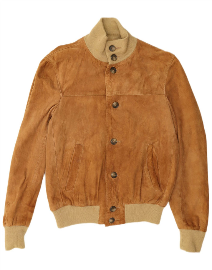 Vintage Mens Suede Bomber Jacket IT 48 Medium Beige Colourblock Leather