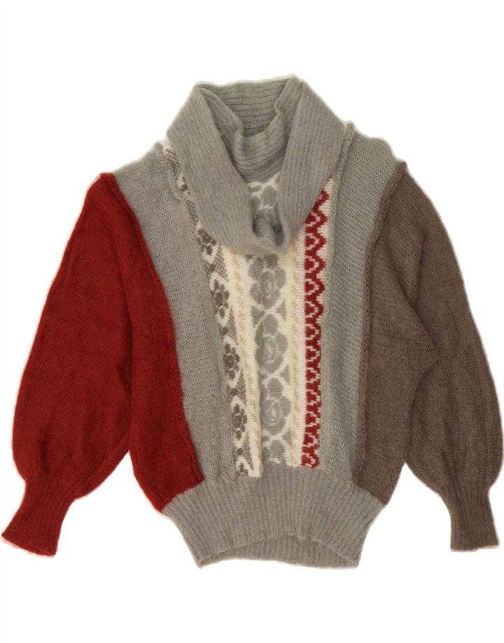 VINTAGE Womens Shawl Neck Jumper Sweater UK 14 Medium Grey Colourblock Vintage Vintage and Second-Hand Vintage from Messina Hembry 