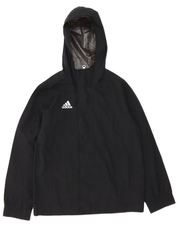 ADIDAS Boys Hooded Rain Jacket 9-10 Years Black Polyester