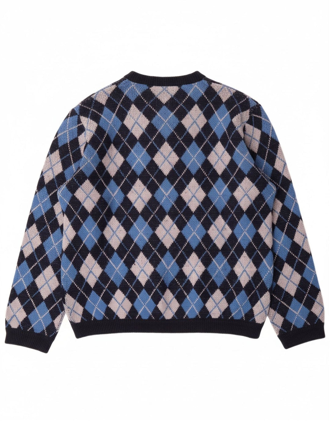 VINTAGE Mens Crew Neck Jumper Sweater Large Blue Argyle/Diamond Classic