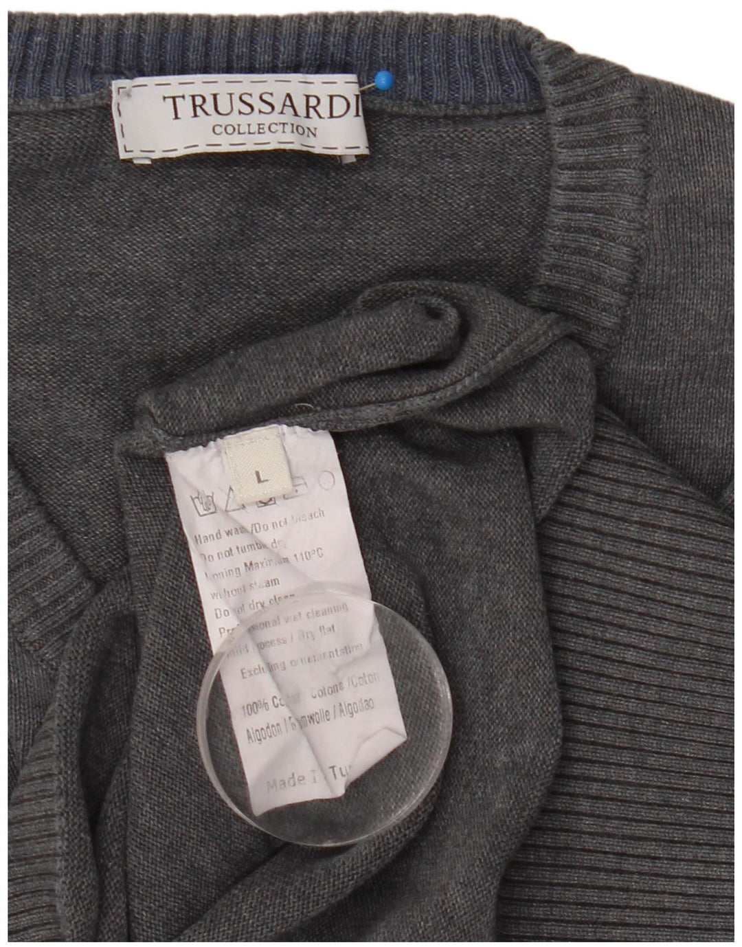 Trussardi Mens V-Neck Jumper Sweater Large Grey Cotton