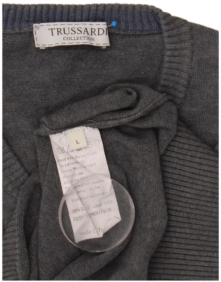 Trussardi Mens V-Neck Jumper Sweater Large Grey Cotton