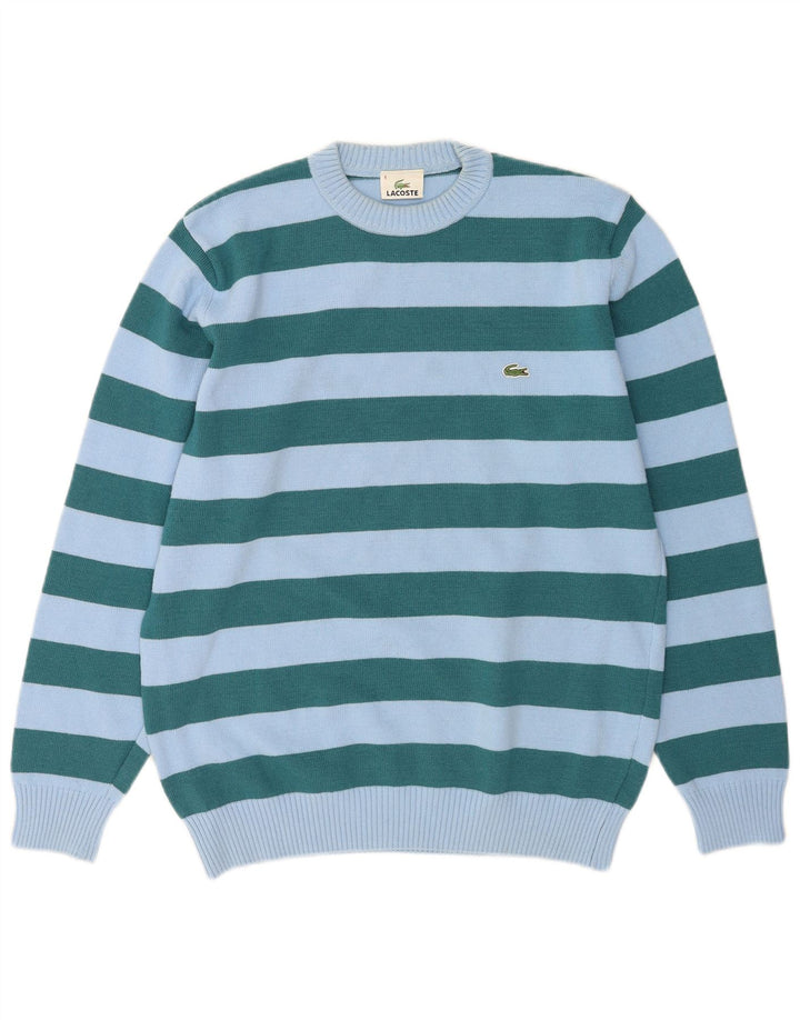 Lacoste Mens Crew Neck Jumper Sweater Size 4 Medium Blue Striped Wool