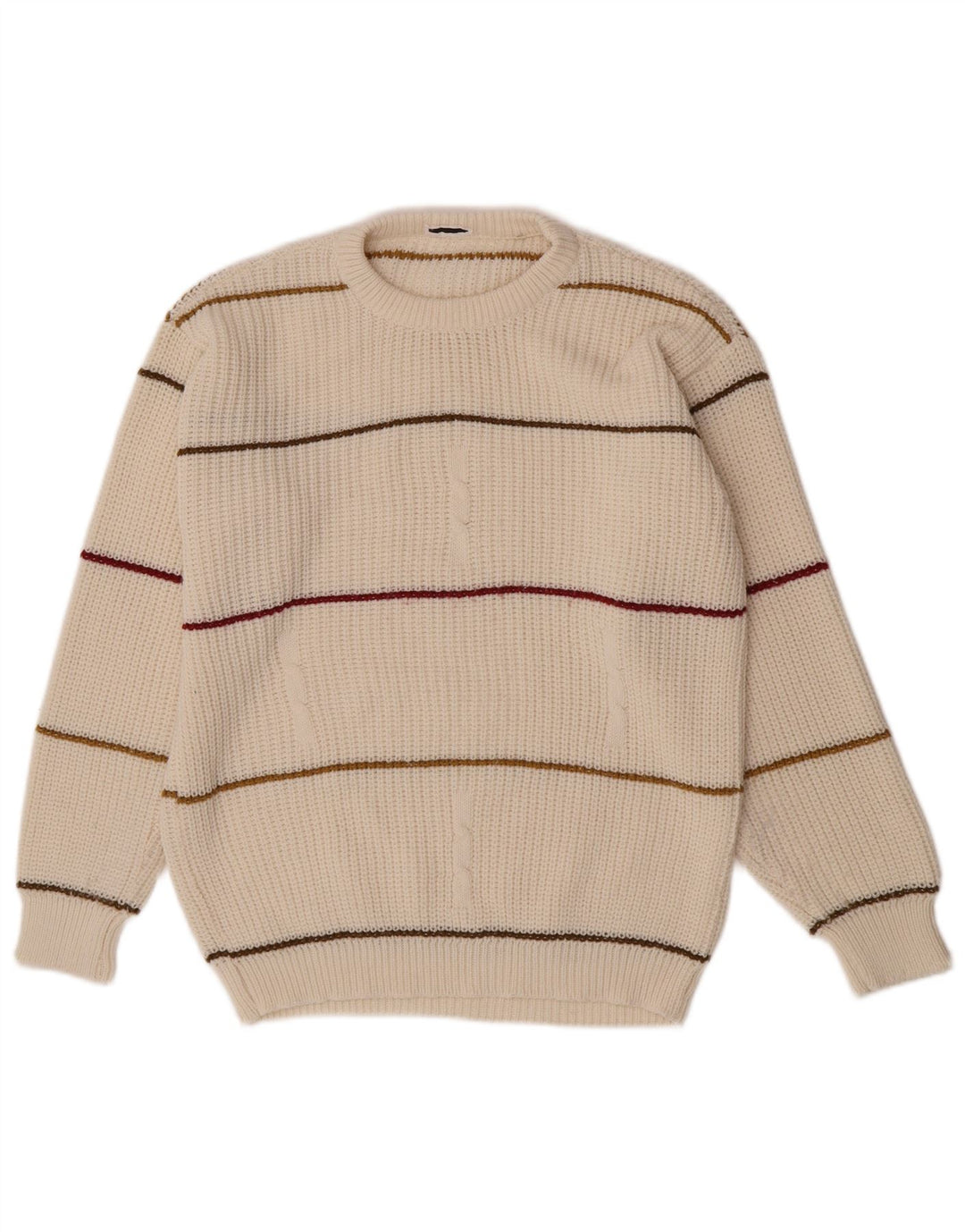 Vintage Mens Crew Neck Jumper Sweater Medium Off White Striped Acrylic