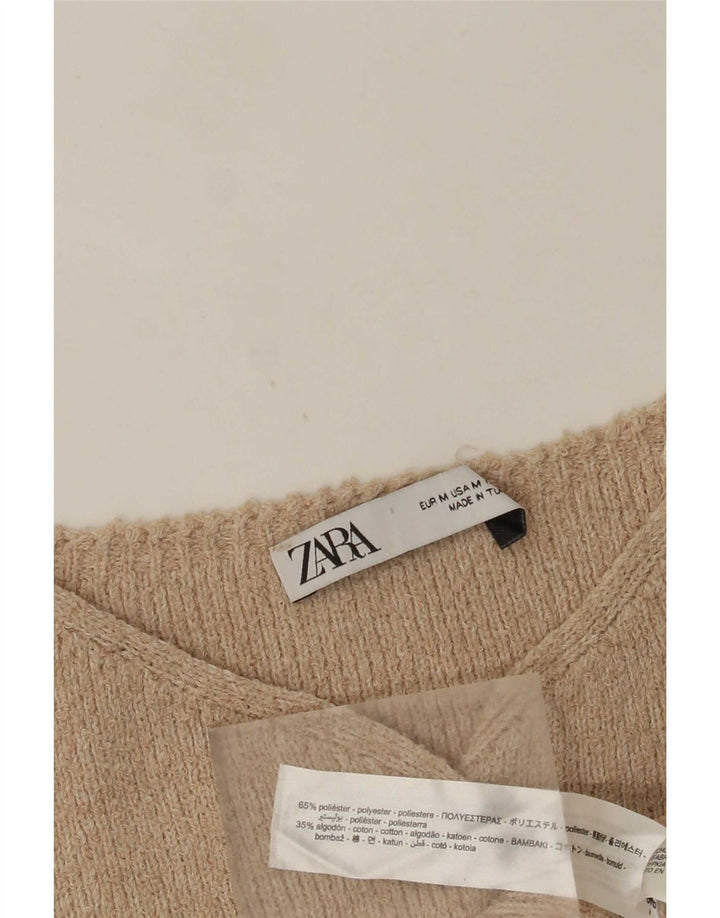 Zara Womens Knit Crop Waistcoat UK 12 Medium Beige Polyester