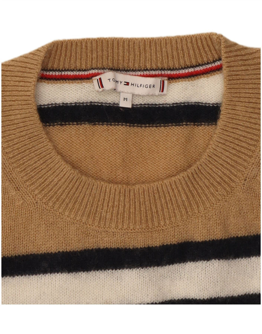 TOMMY HILFIGER Womens Crew Neck Jumper Sweater UK 12 Medium Beige Striped