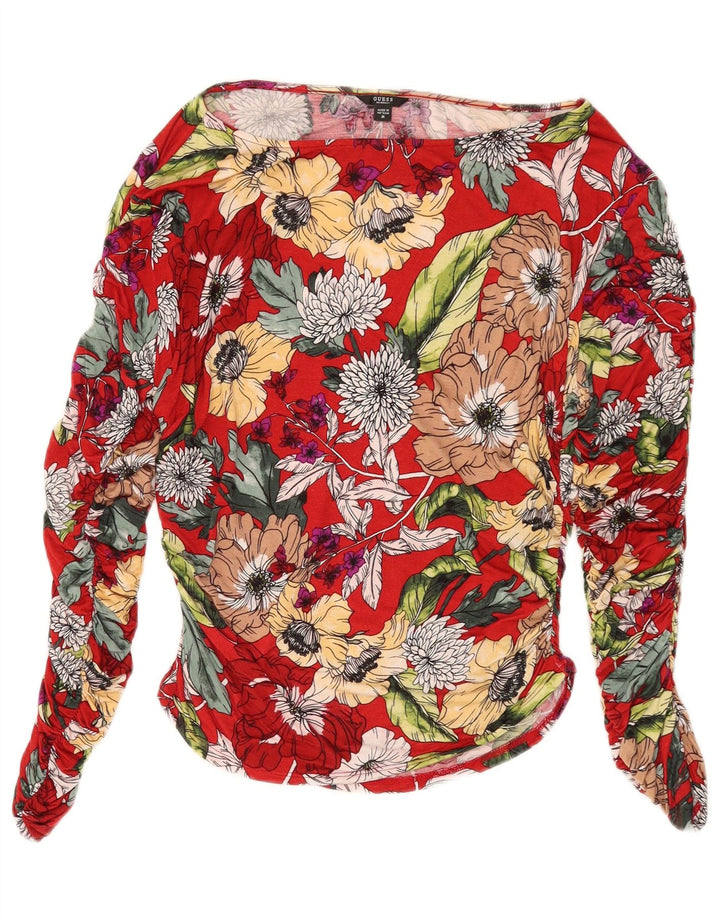Guess Womens Oversized Long Sleeve Blouse Top UK 8 Small Red Floral Rayon