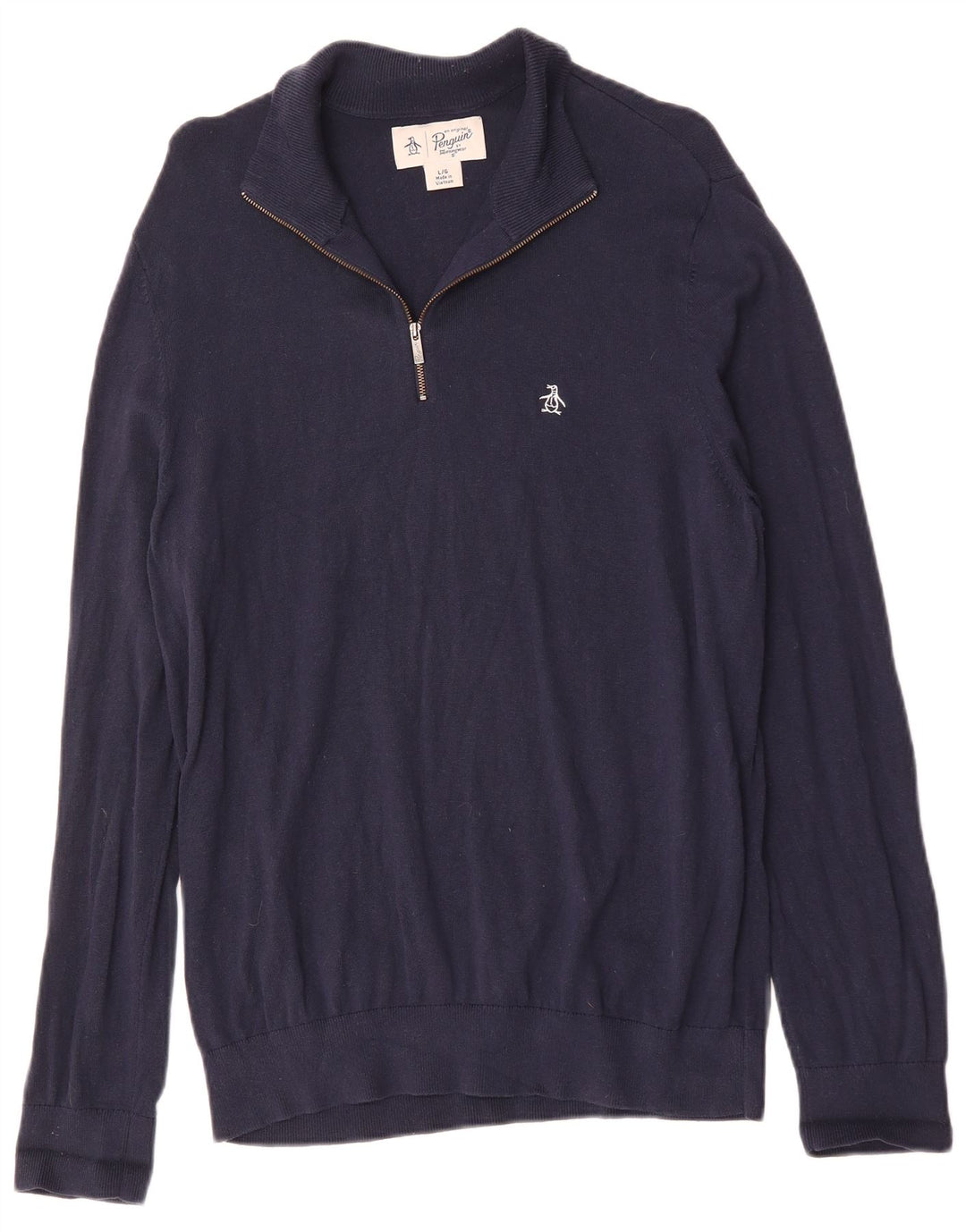 Penguin Mens Zip Neck Jumper Sweater Large Navy Blue Cotton