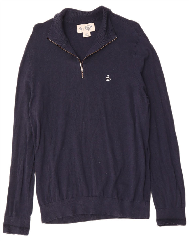 Penguin Mens Zip Neck Jumper Sweater Large Navy Blue Cotton