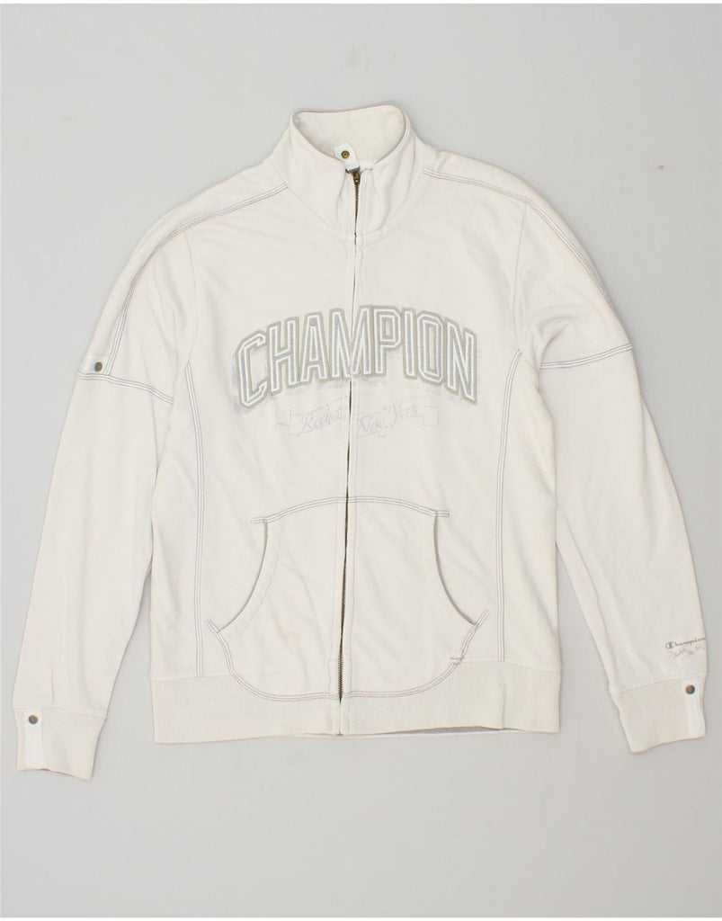 CHAMPION Womens Graphic Tracksuit Top Jacket UK 14 Medium White Cotton | Vintage Champion | Thrift | Second-Hand Champion | Used Clothing | Messina Hembry 