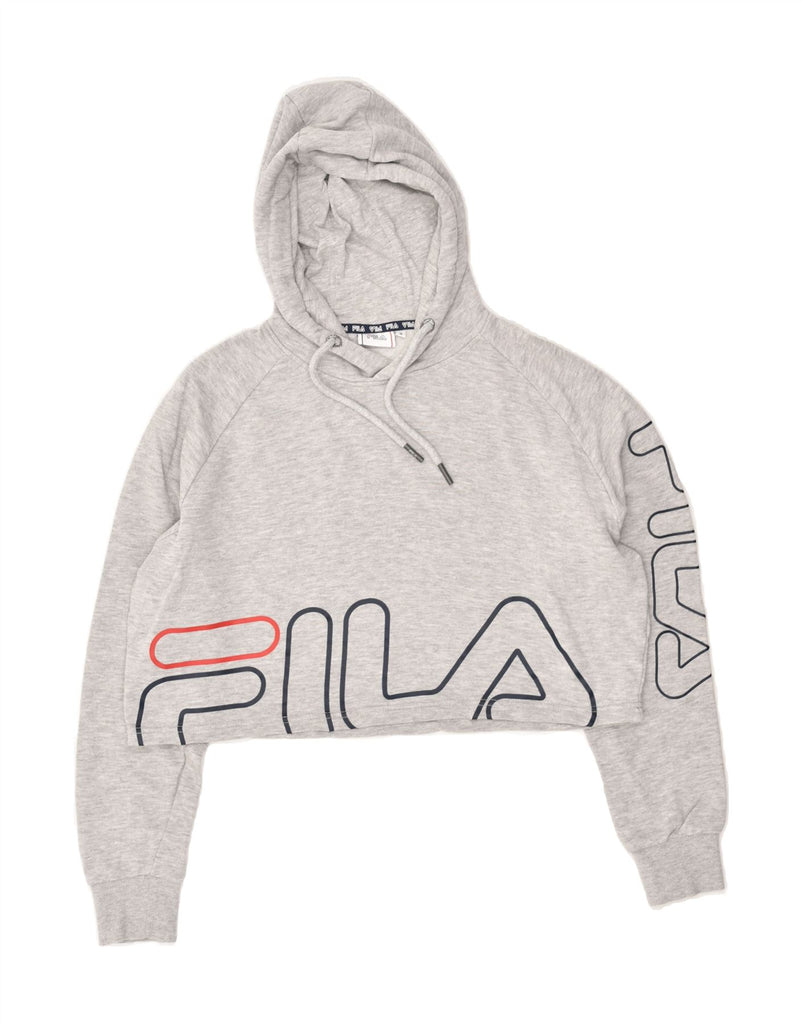 FILA Womens Graphic Crop Hoodie Jumper UK 10 Small Grey Cotton | Vintage Fila | Thrift | Second-Hand Fila | Used Clothing | Messina Hembry 