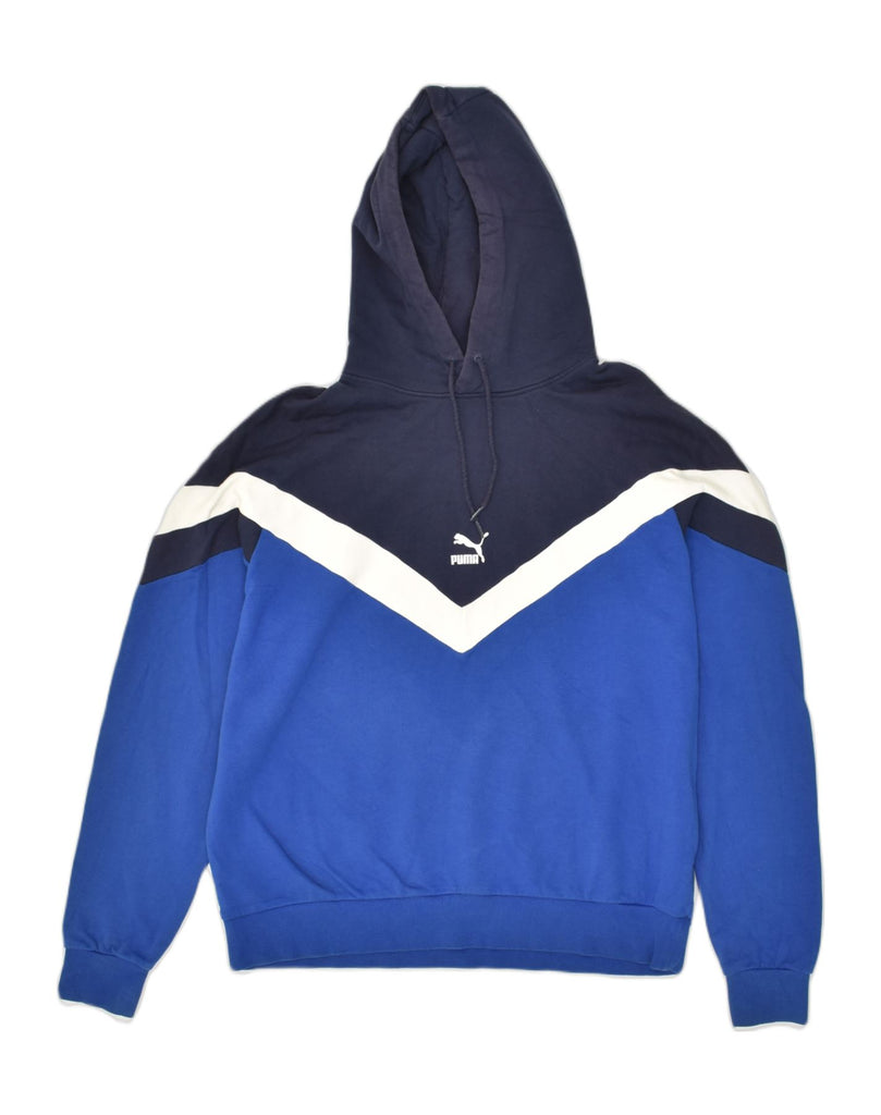 PUMA Mens Hoodie Jumper Large Blue Colourblock Cotton | Vintage Puma | Thrift | Second-Hand Puma | Used Clothing | Messina Hembry 