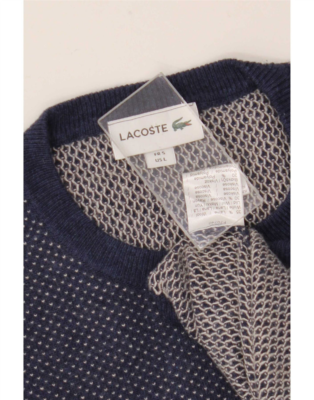 Lacoste Mens Crew Neck Jumper Sweater Size 5 Large Navy Blue Wool