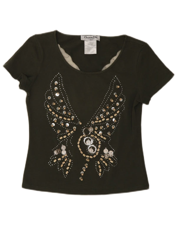 Christian Dior Womens Graphic T-Shirt Top UK 14 Medium Khaki Butterfly