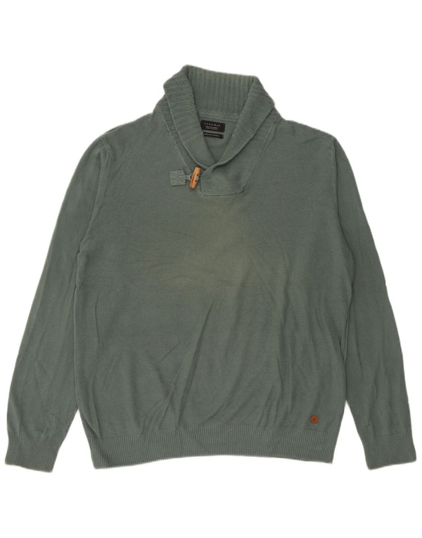 Zara Mens Shawl Neck Jumper Sweater Large Green Cotton