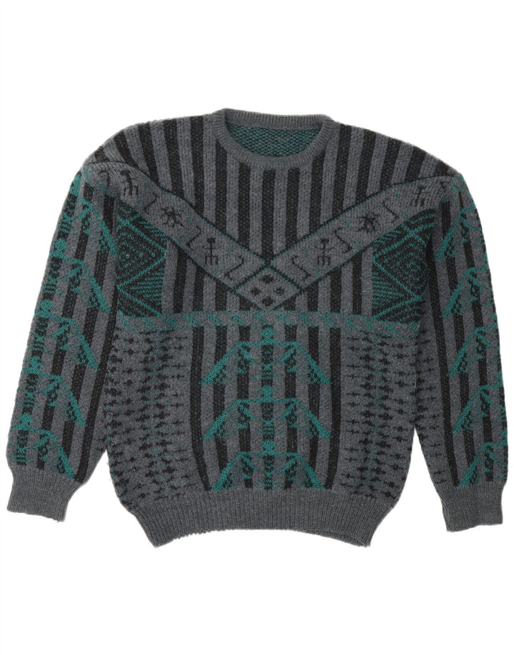 Vintage Mens Graphic Crew Neck Jumper Sweater Medium Grey Striped Retro