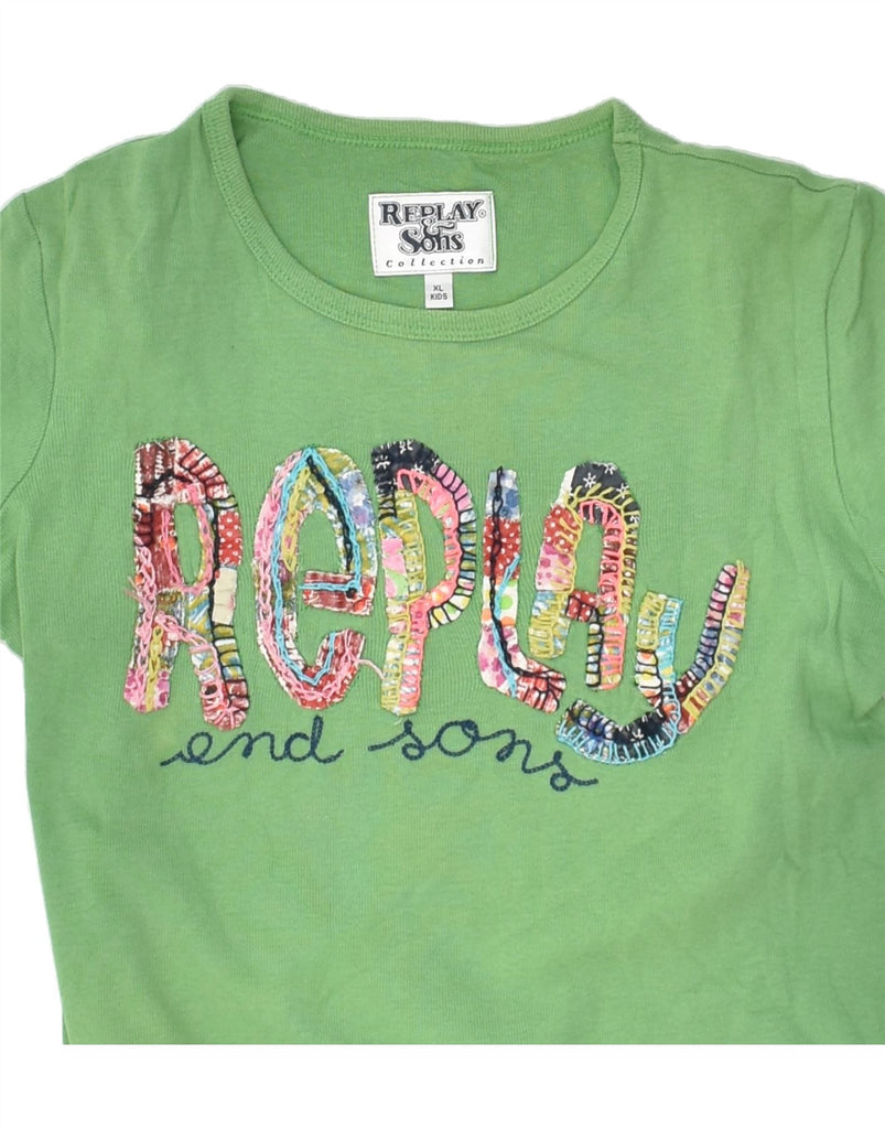 REPLAY AND SONS Girls Graphic Top Long Sleeve 10-11 Years XL Green Cotton | Vintage Replay and Sons | Thrift | Second-Hand Replay and Sons | Used Clothing | Messina Hembry 