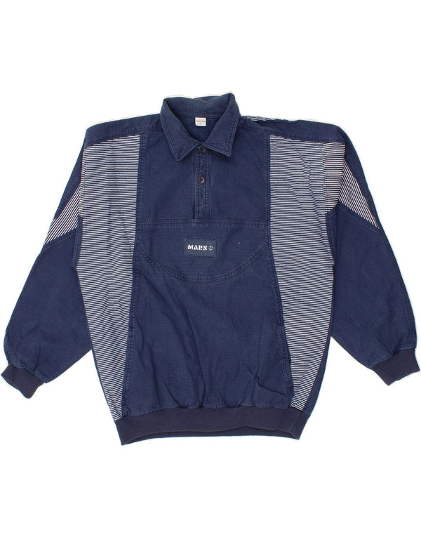 VINTAGE Mens Polo Neck Sweatshirt Jumper IT 50 Medium Navy Blue Striped