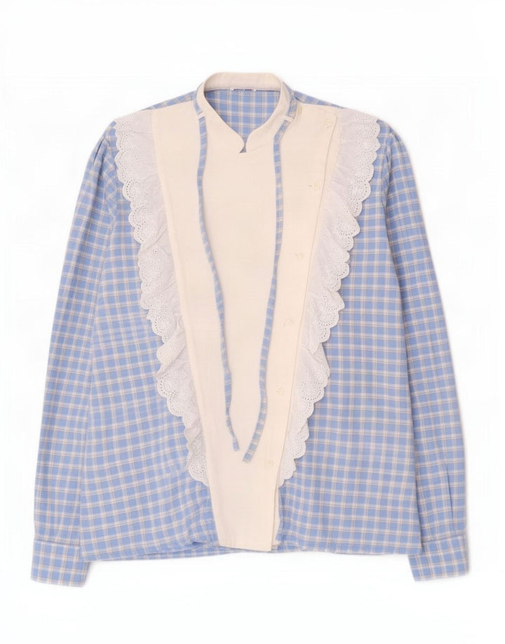 Vintage Womens Ruffle Front Shirt UK 16 Large Blue Check