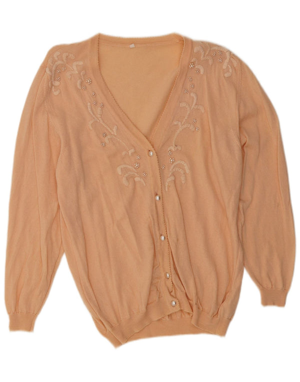 Vintage Womens Cardigan Sweater UK 14 Medium Beige Floral Merino Wool