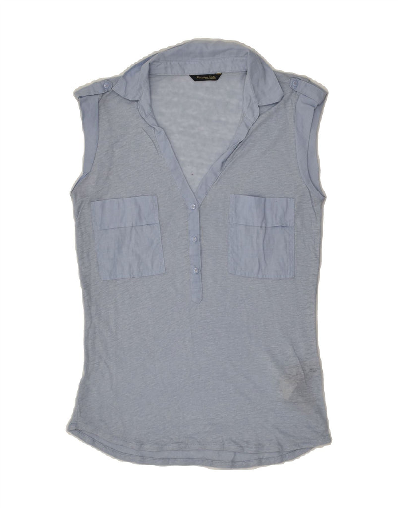 MASSIMO DUTTI Womens Sleeveless Polo Shirt UK 6 XS Blue Linen | Vintage Massimo Dutti | Thrift | Second-Hand Massimo Dutti | Used Clothing | Messina Hembry 