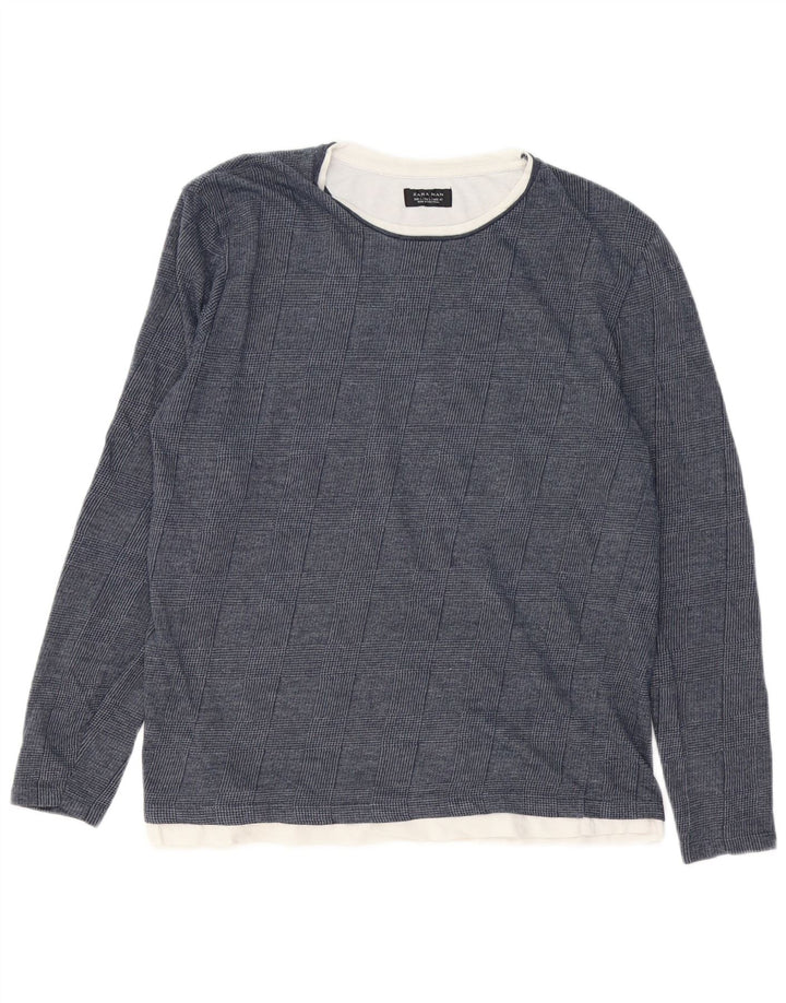 Zara Mens Top Long Sleeve Large Navy Blue Houndstooth