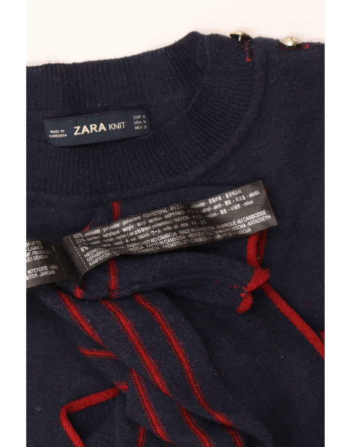 Zara Womens Crew Neck Jumper Sweater UK 14 Medium Navy Blue Striped