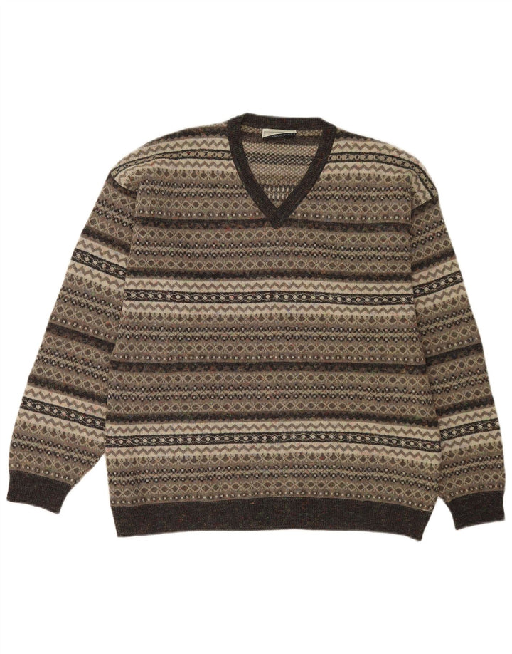 Enzo Goti Mens V-Neck Jumper Sweater Medium Grey Fair Isle Polyacrylic