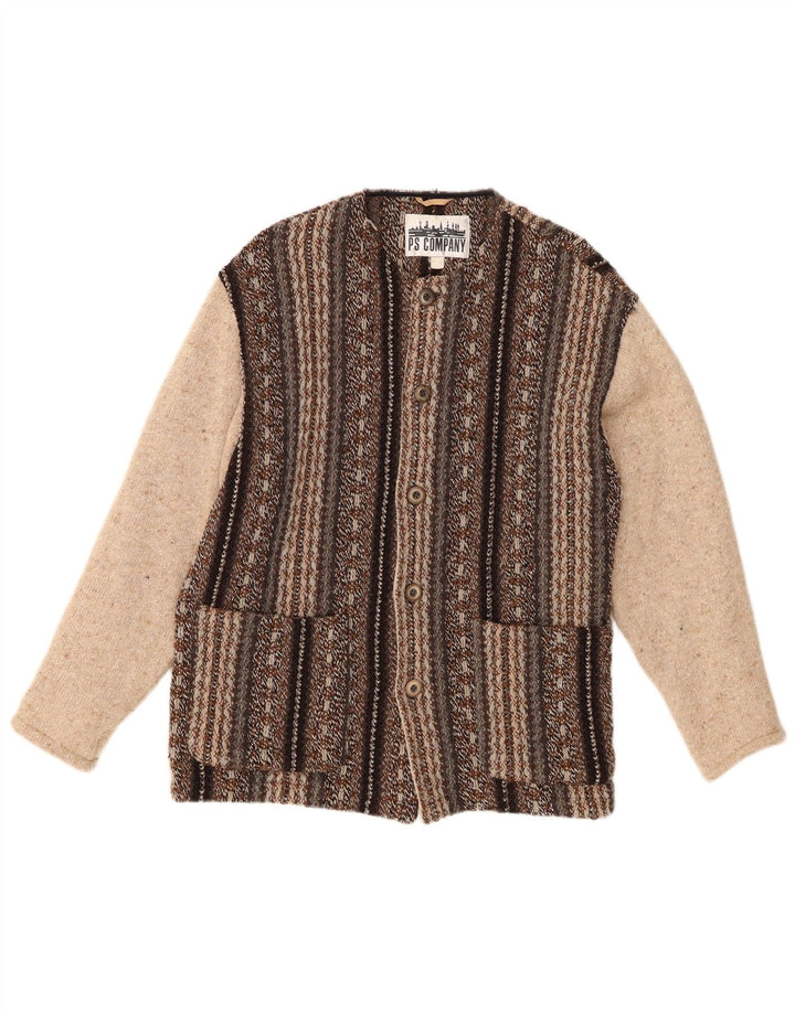 PS Company Mens Cardigan Sweater Medium Brown Striped Wool
