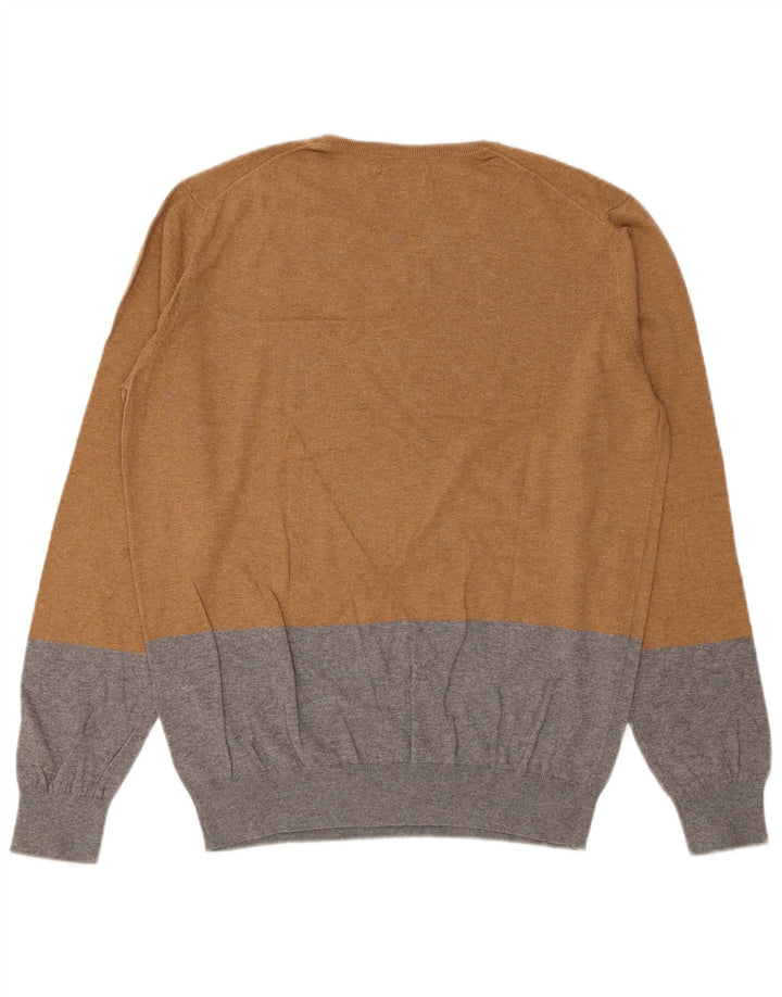 Massimo Dutti Mens Crew Neck Jumper Sweater Medium Brown Colourblock Cotton