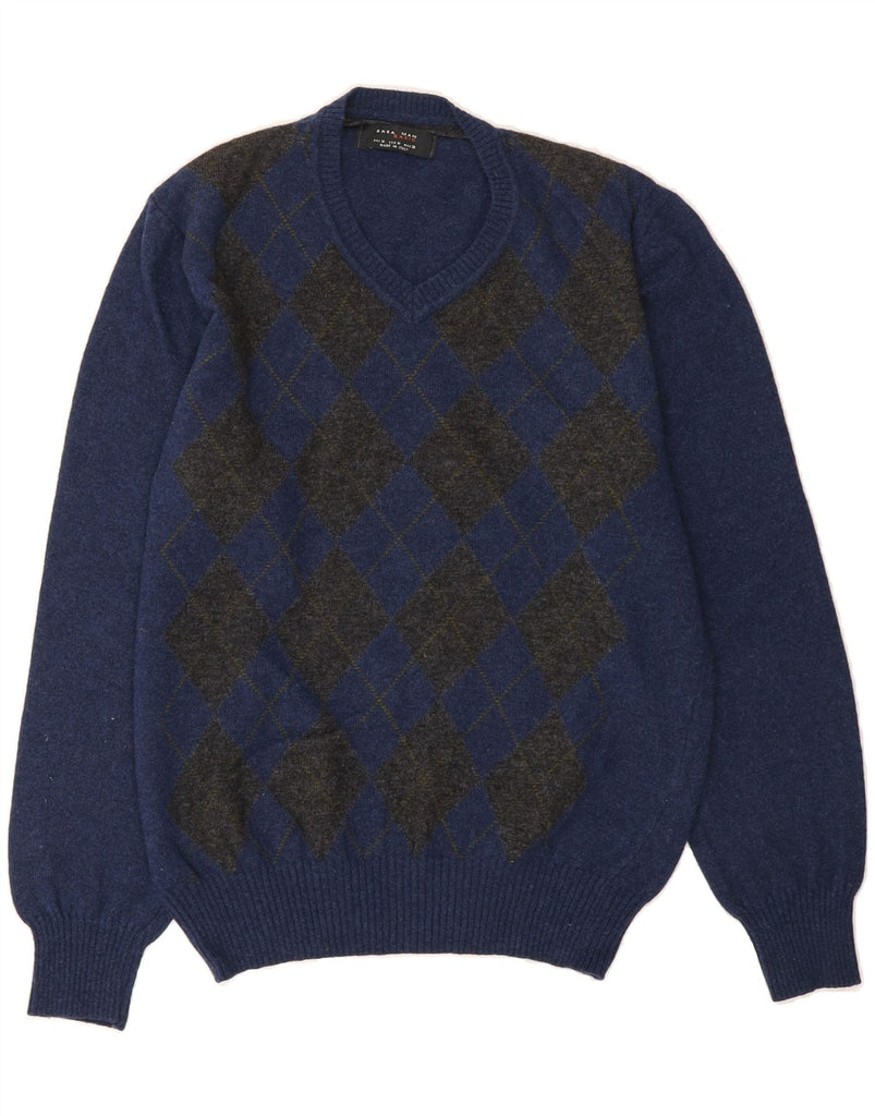 ZARA Mens V-Neck Jumper Sweater Medium Navy Blue Argyle/Diamond Wool Vintage Zara and Second-Hand Zara from Messina Hembry 