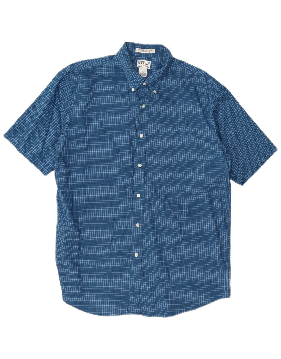 L.L.Bean Mens Traditional Fit Short Sleeve Shirt Large Blue Check Cotton