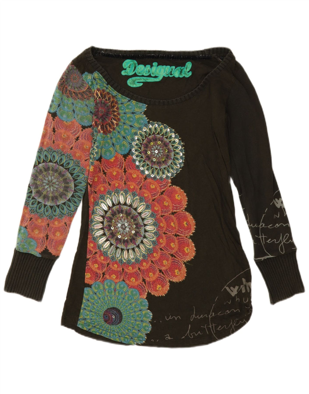 Desigual Womens Graphic Top Long Sleeve UK 12 Medium Black Floral