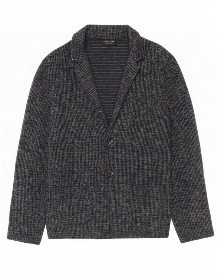 Zara Mens Cardigan Sweater Large Navy Blue Flecked Cotton