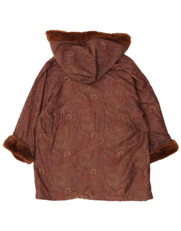 Vintage Womens Hooded Oversized Overcoat EU 42 Large Brown Paisley Wool