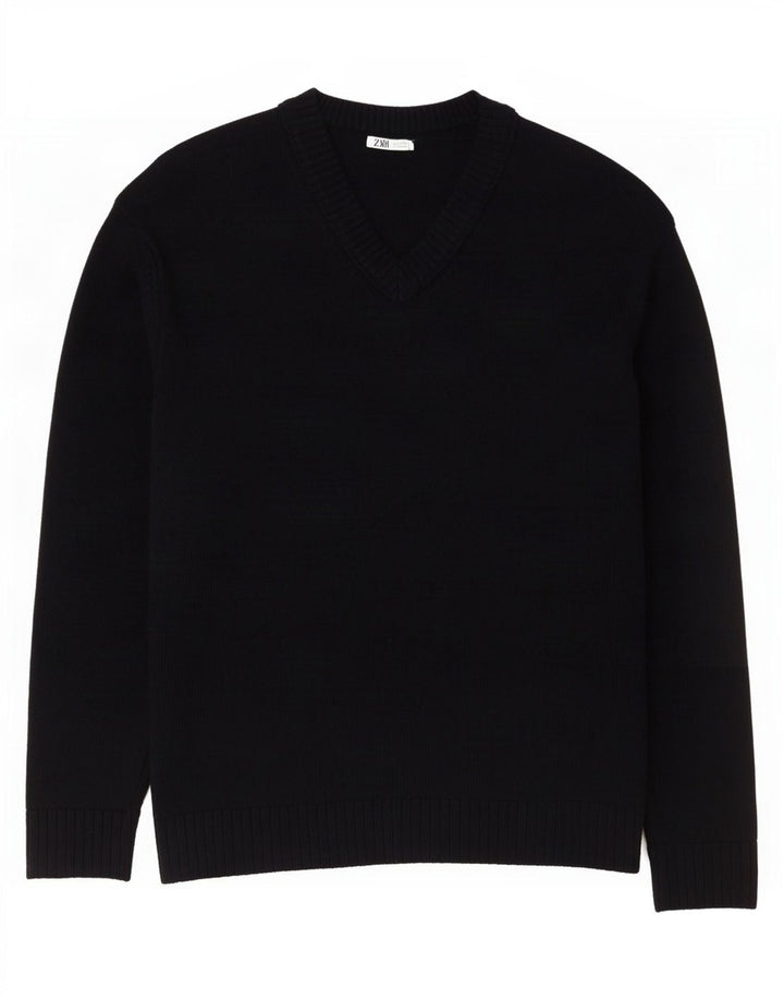 Zara Mens V-Neck Jumper Sweater Large Black Cotton
