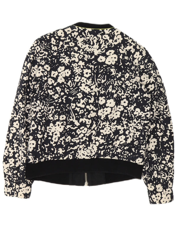Zara Womens Full Zip Bomber Jacket UK 14 Medium Black Floral Cotton