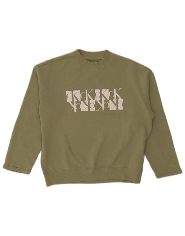 Calvin Klein Jeans Womens Crop Graphic Sweatshirt Jumper UK 14 Medium Khaki