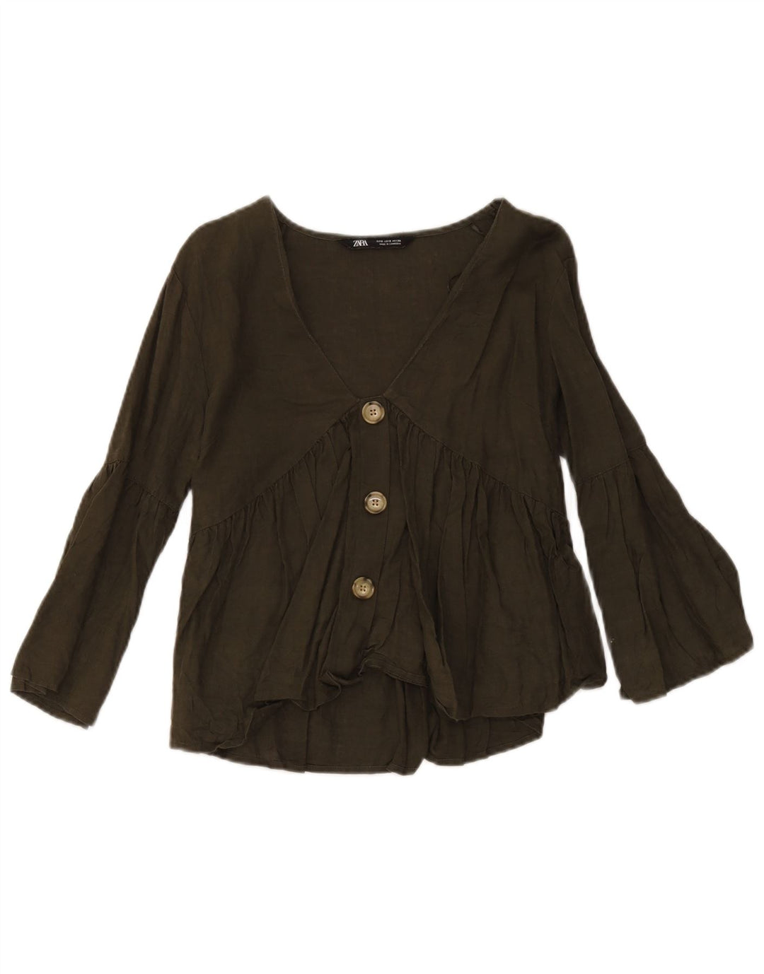 Zara Womens Shirt Blouse UK 10 Small Green Linen